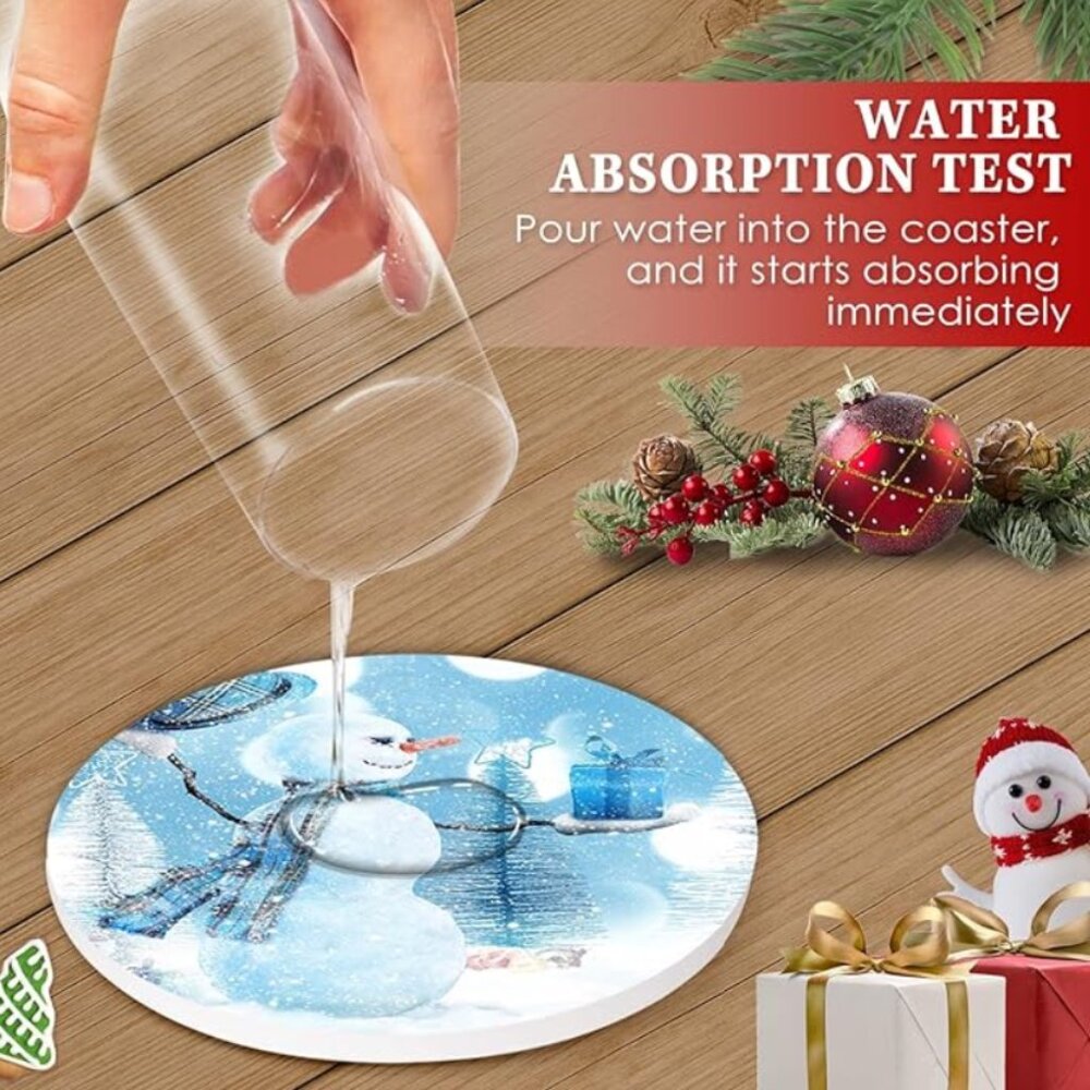 Stone Christmas Coaster, Set of 6, Happy Snowman Winter Landscape - Picture 5 of 7